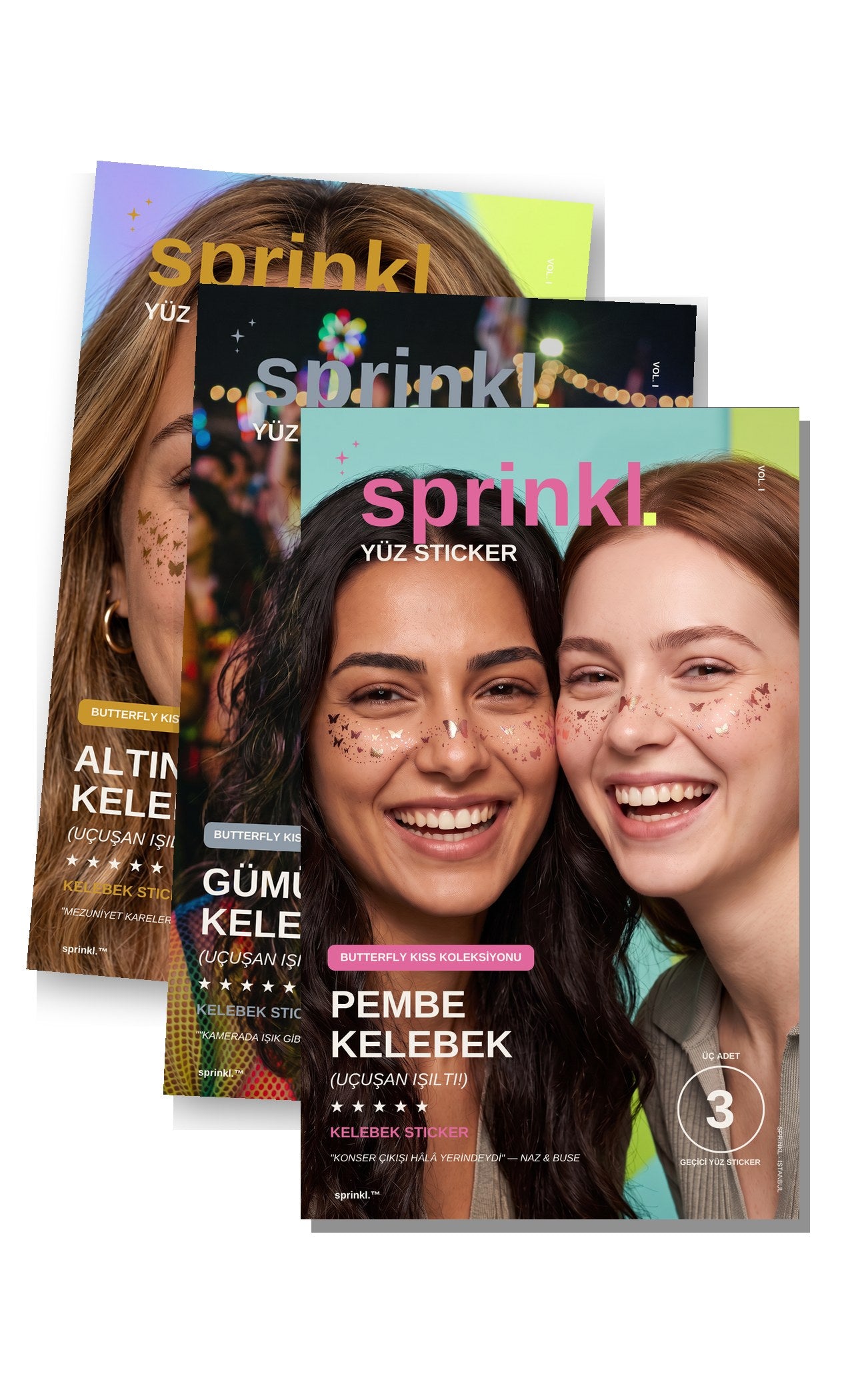 Butterfly Kiss Üçlü Renk Seti — Altın + Gümüş + Pembe