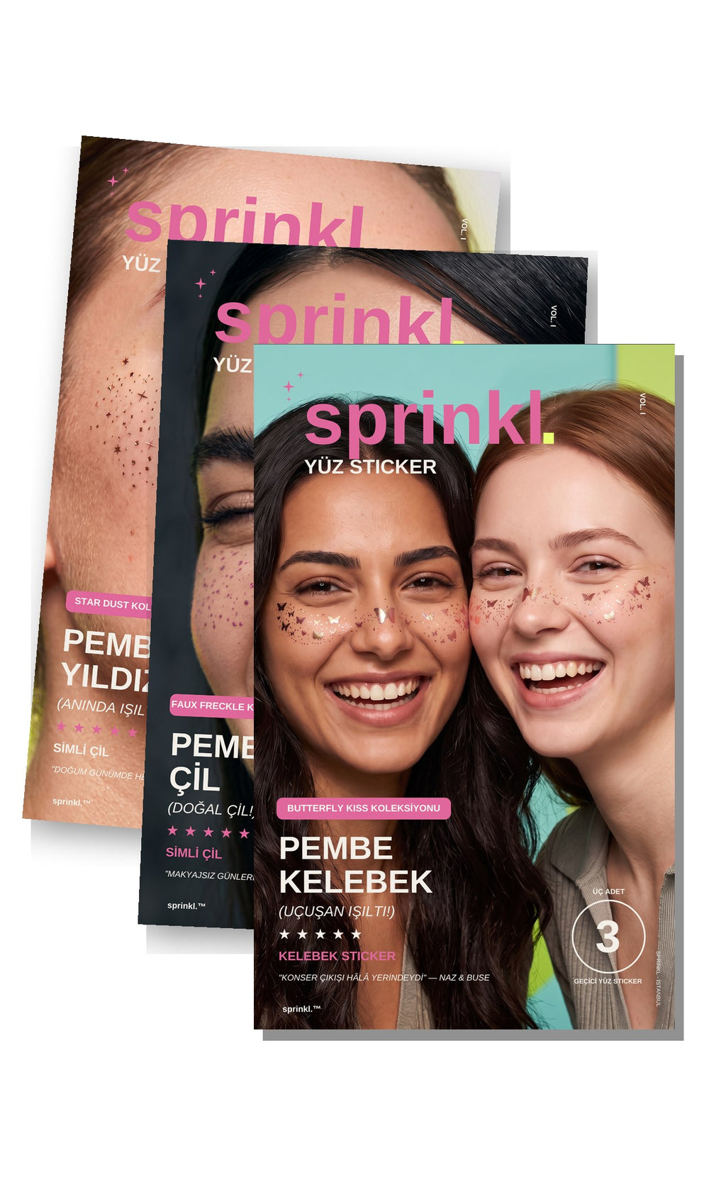 Pembe Üçlü Desen Seti — Star Dust + Faux Freckle + Butterfly Kiss